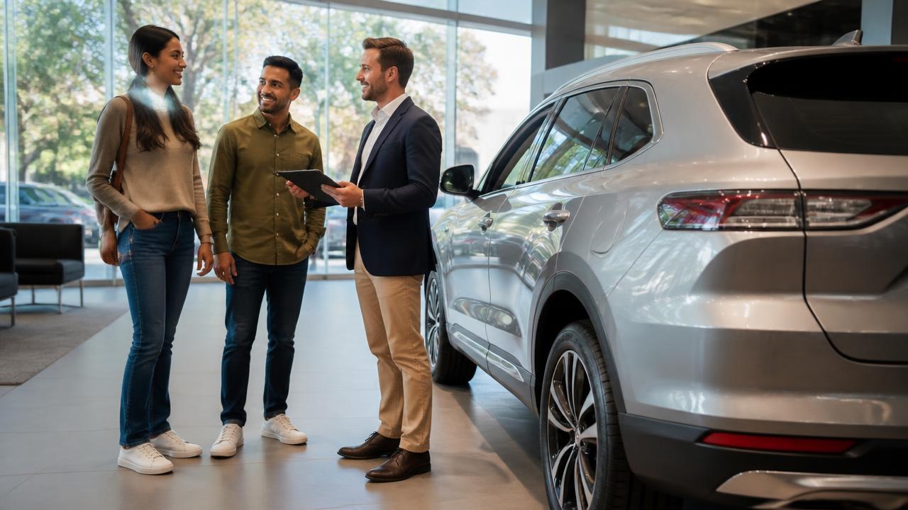 Dealership professional talking with customers beside a modern SUV in an Australian showroom